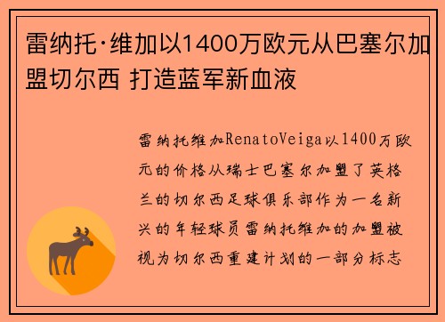 雷纳托·维加以1400万欧元从巴塞尔加盟切尔西 打造蓝军新血液 雷纳托·维加以1400万欧元从巴塞尔加盟切尔西 打造蓝军新血液